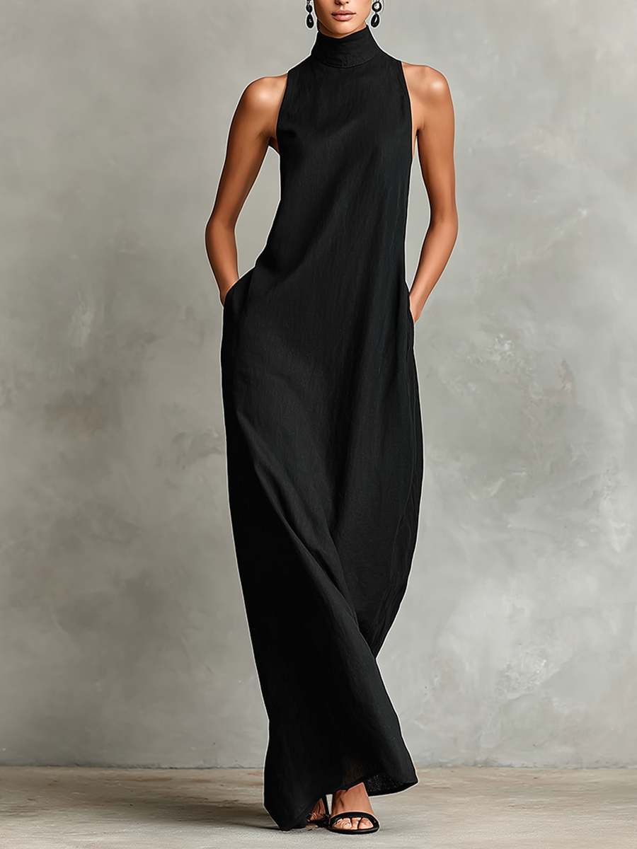 Women's sleeveless high-neck maxi dress with side pockets