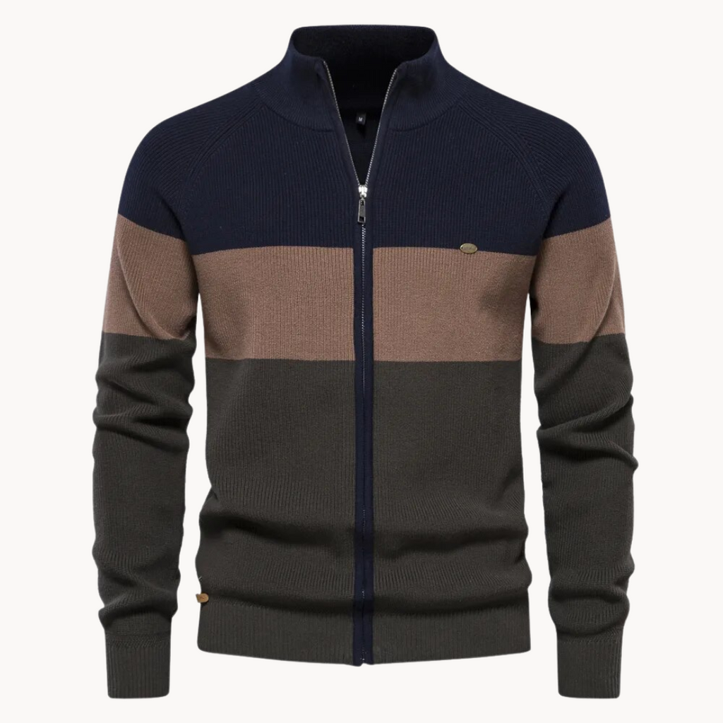 Men's colour-block striped cardigan with mock neck and front zip