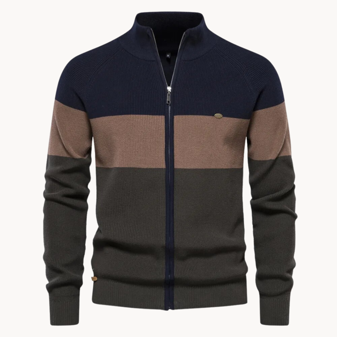 Men's colour-block striped cardigan with mock neck and front zip