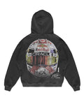 Dark grey hooded sweatshirt with racing helmet graphic on the back