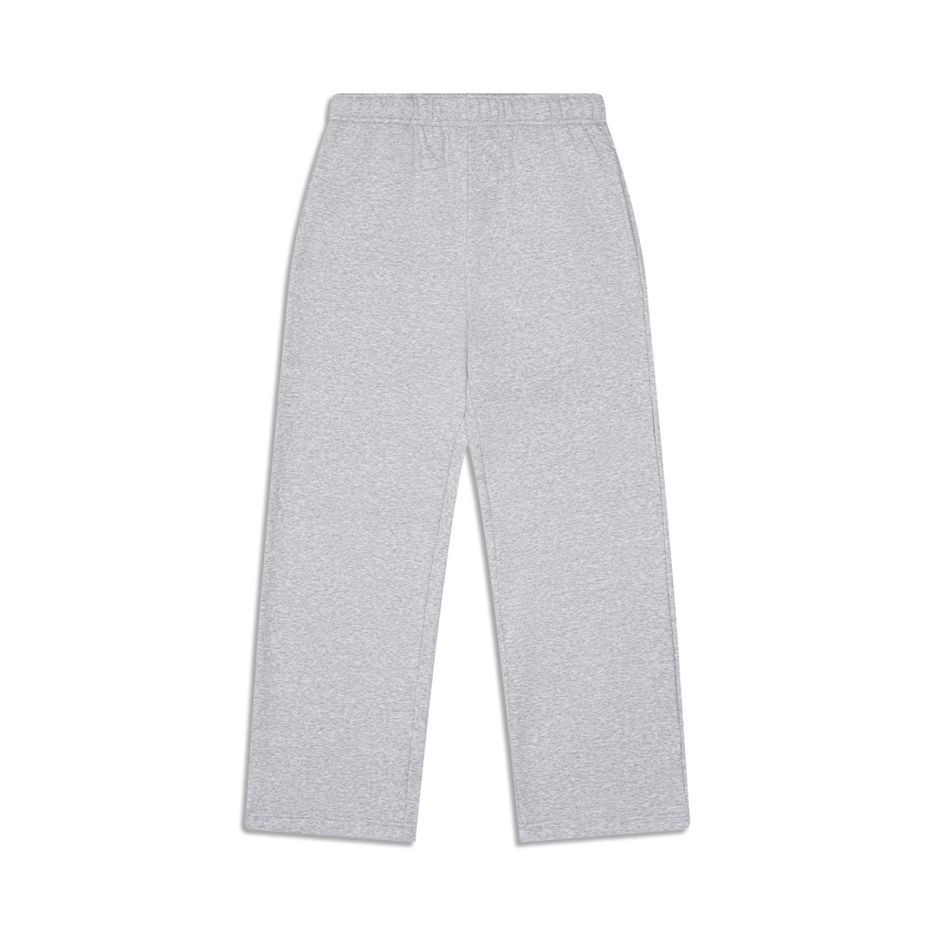 Men's grey wide-leg fleece sweatpants shown with trainers
