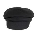 Black fiddler cap with structured crown, layered band and short brim