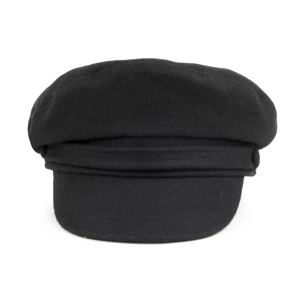 Black fiddler cap with structured crown, layered band and short brim