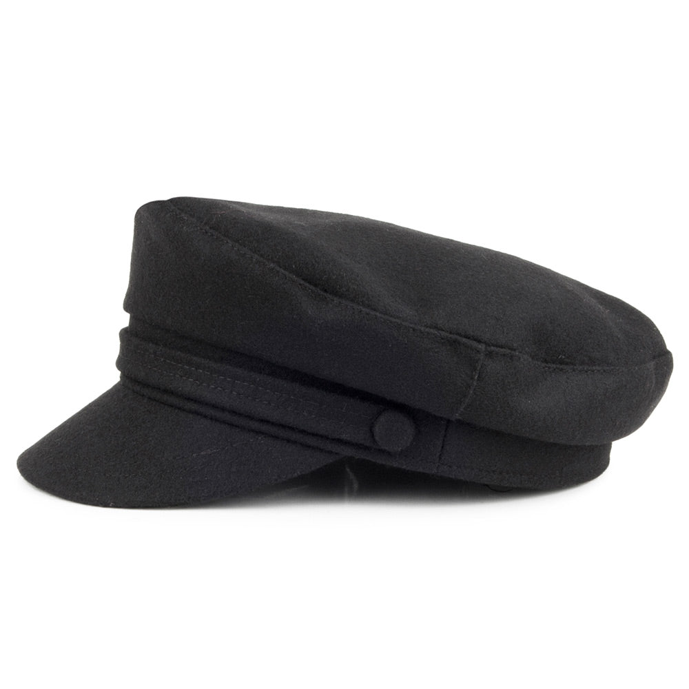 Black fiddler cap with structured crown, layered band and short brim