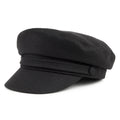 Black fiddler cap with structured crown, layered band and short brim