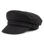 Black fiddler cap with structured crown, layered band and short brim