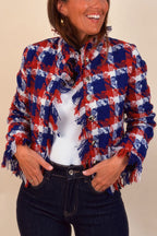 Women's blue checked jacket with fringed trim, long sleeves and button front