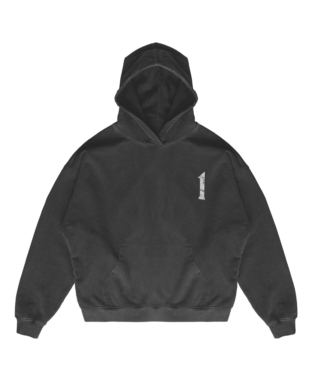 Dark grey hooded sweatshirt with racing helmet graphic on the back