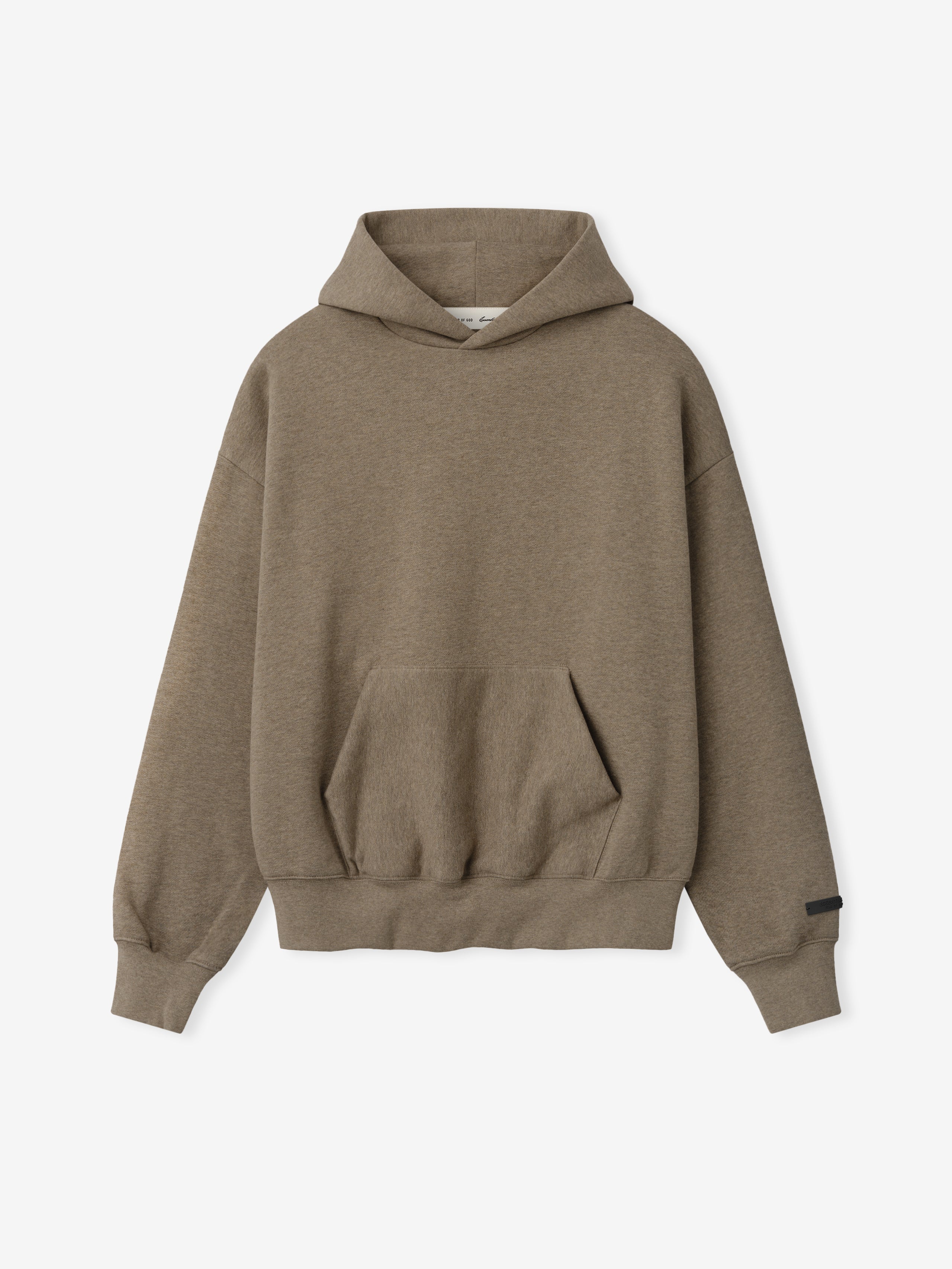 Brown men's pullover hoodie with hood, kangaroo pocket and back Essentials Fear of God text