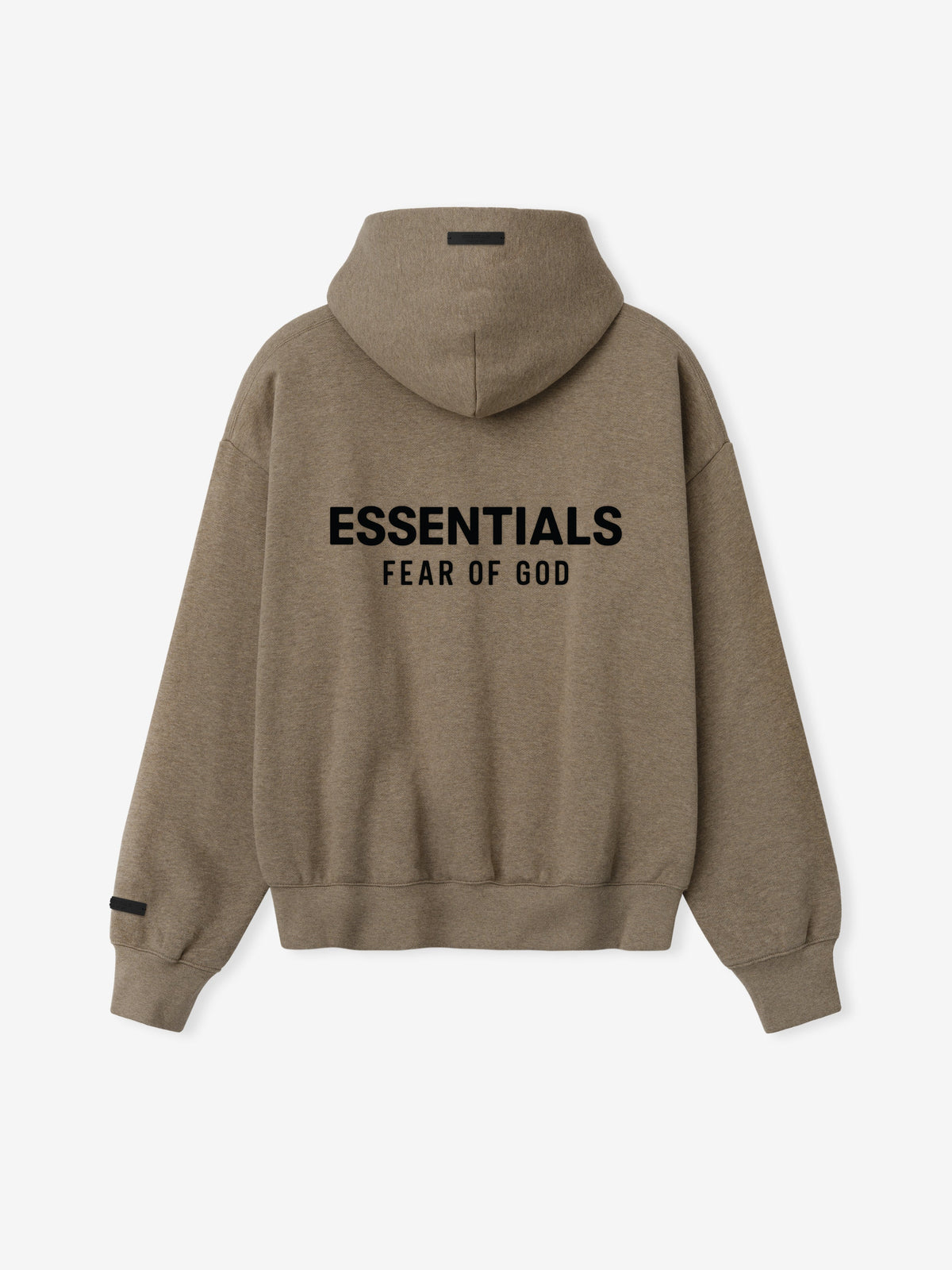Brown men's pullover hoodie with hood, kangaroo pocket and back Essentials Fear of God text