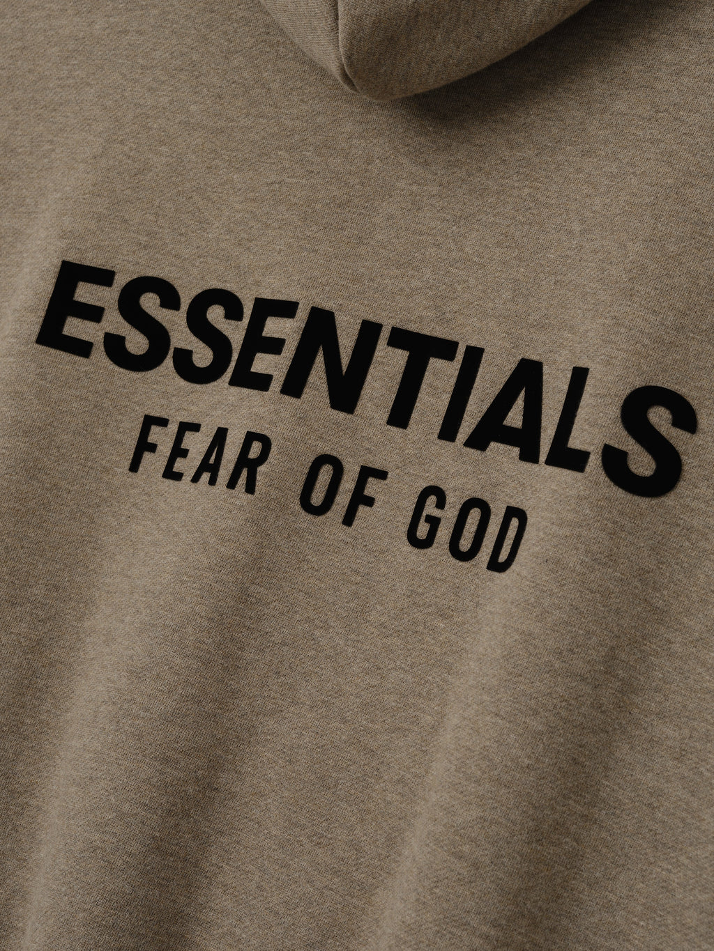 Brown men's pullover hoodie with hood, kangaroo pocket and back Essentials Fear of God text