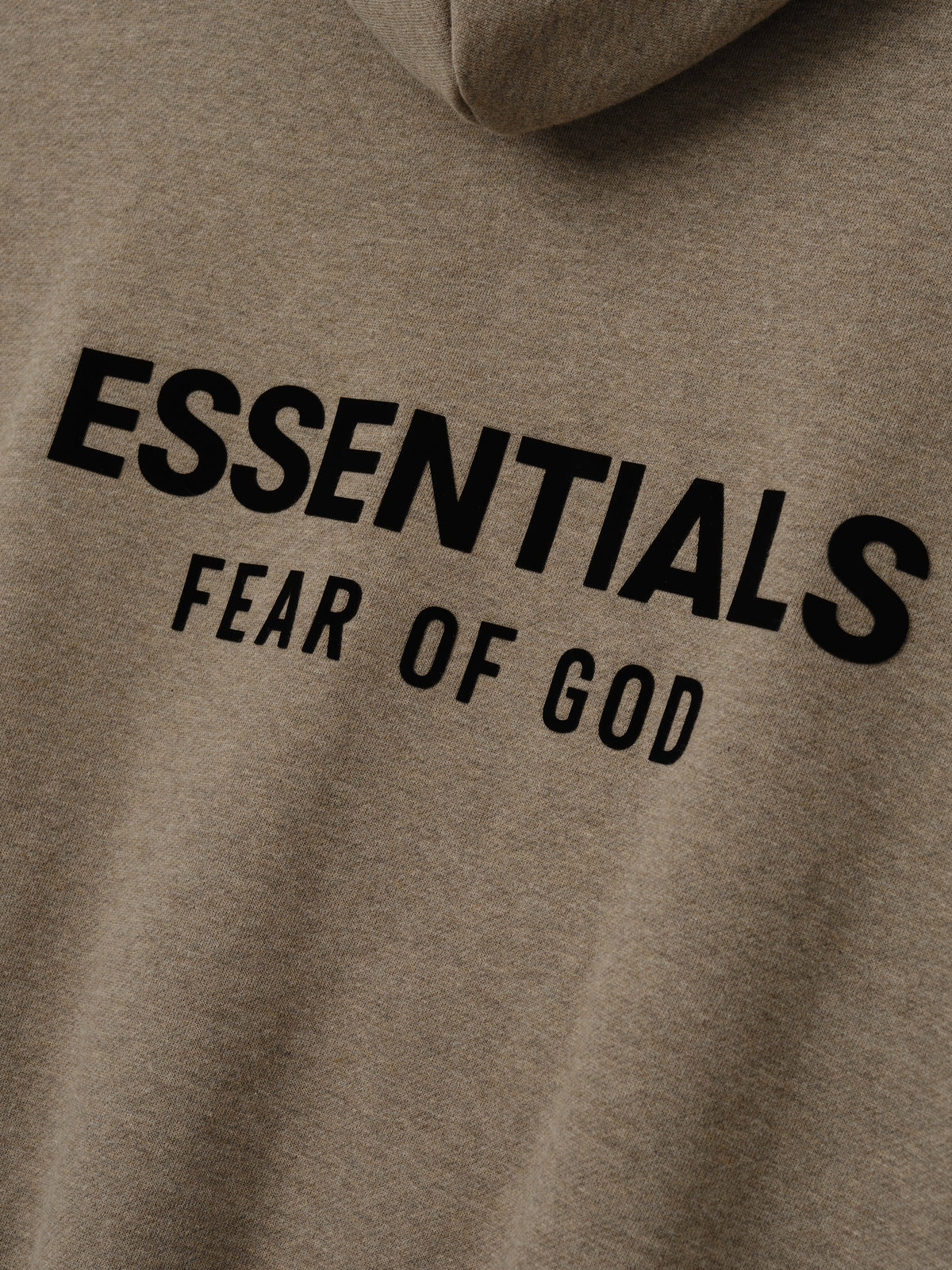 Brown men's pullover hoodie with hood, kangaroo pocket and back Essentials Fear of God text