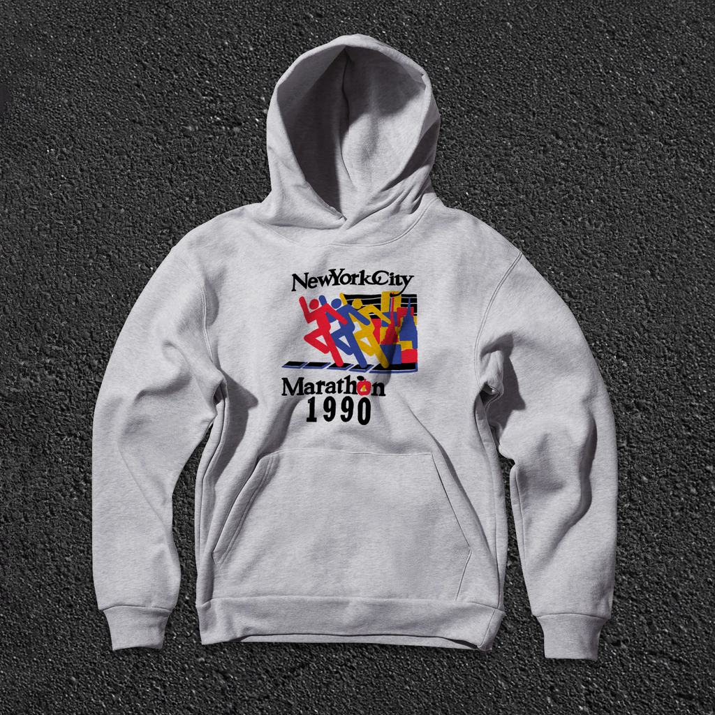 Grey hoodie with New York City Marathon 1990 graphic and kangaroo pocket