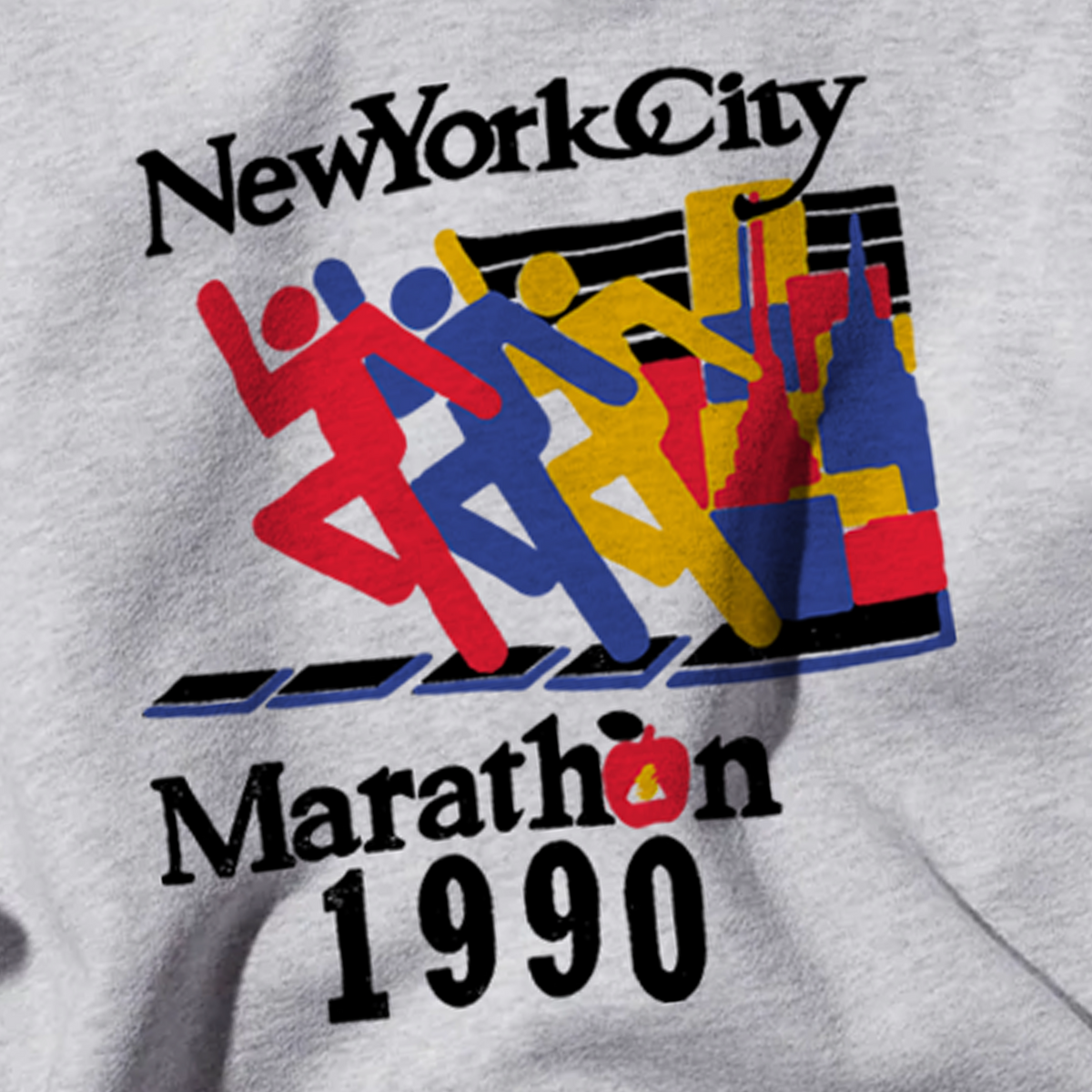 Grey hoodie with New York City Marathon 1990 graphic and kangaroo pocket