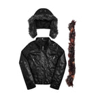 Black men's hooded jacket with textured trim, zipped front and multiple pockets