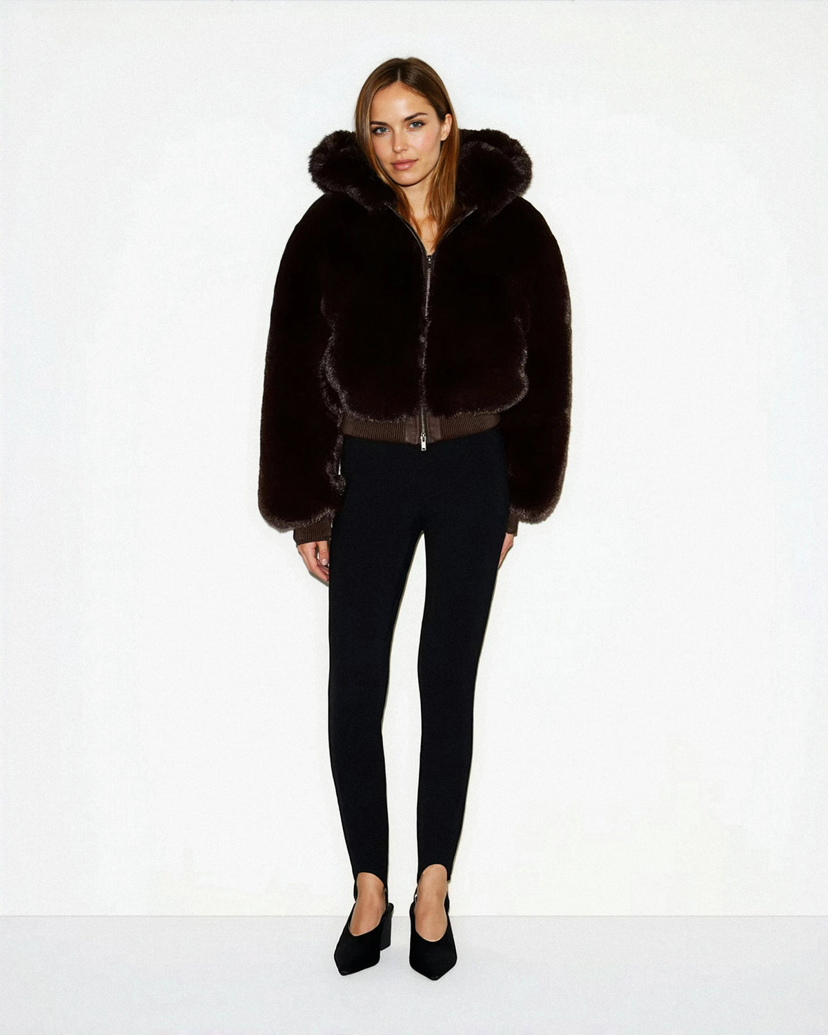 Women's cropped faux fur jacket with hood and zip front