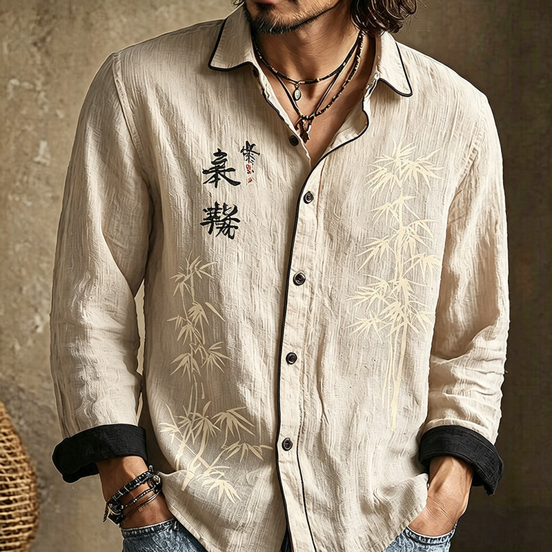 Men's long-sleeved shirt with bamboo and calligraphy print, contrast trim and button front