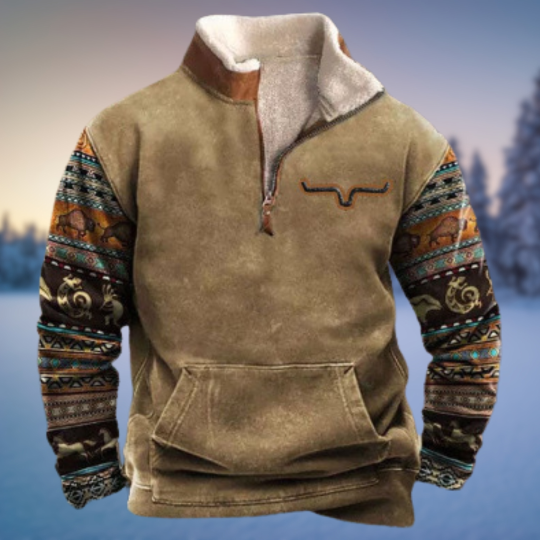 Men's half-zip pullover jumper with geometric patterned sleeves and front pouch pocket