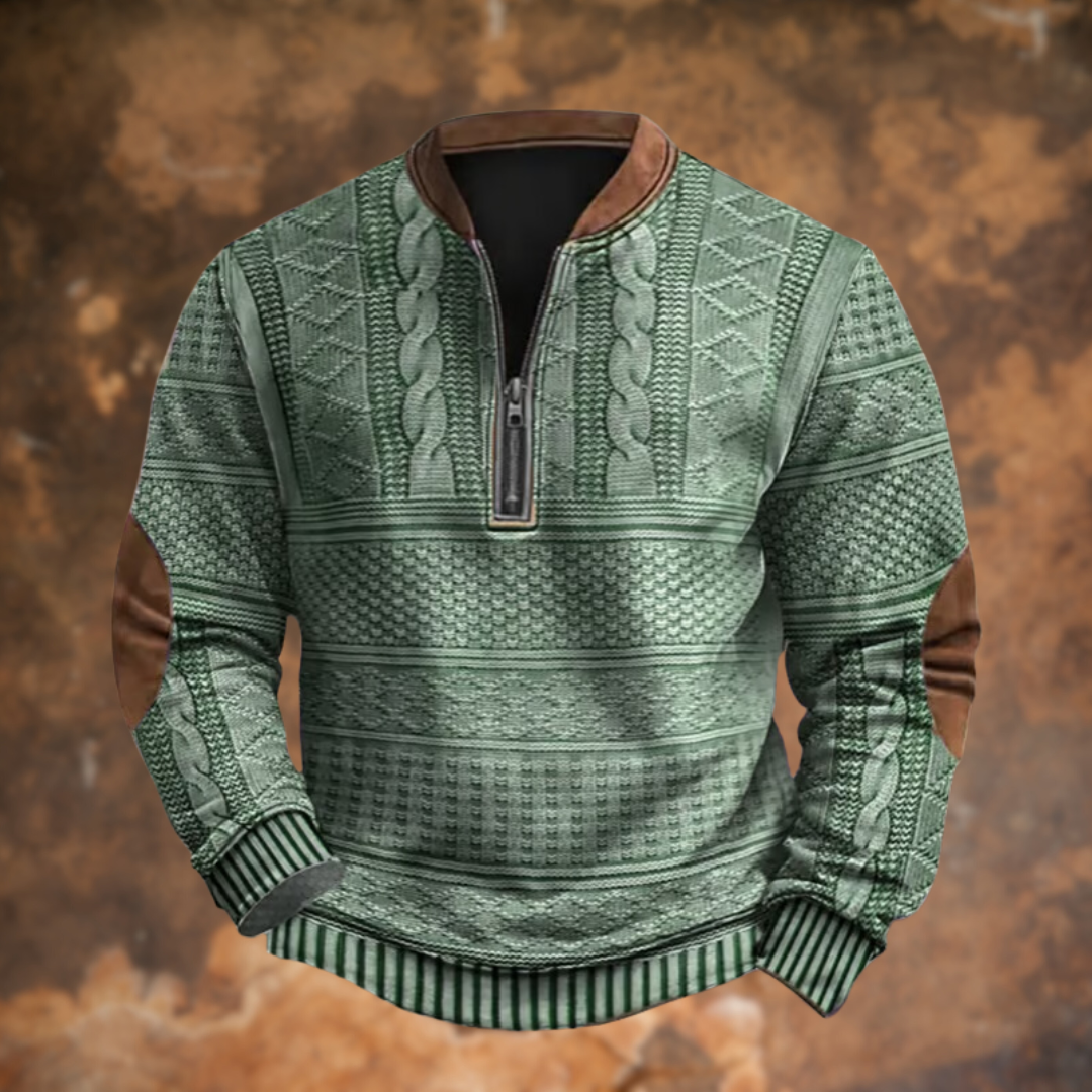 Men's patterned quarter-zip jumper with stand collar and ribbed trims