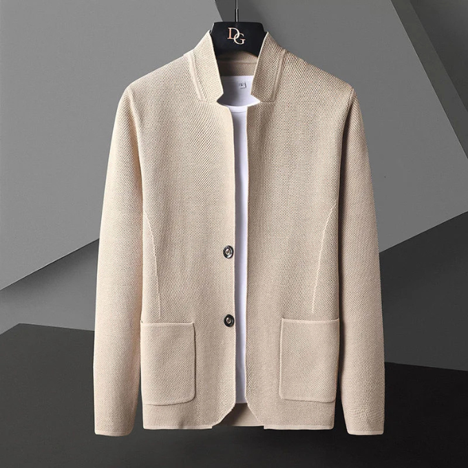 Men's textured cardigan with stand collar, button front and two patch pockets