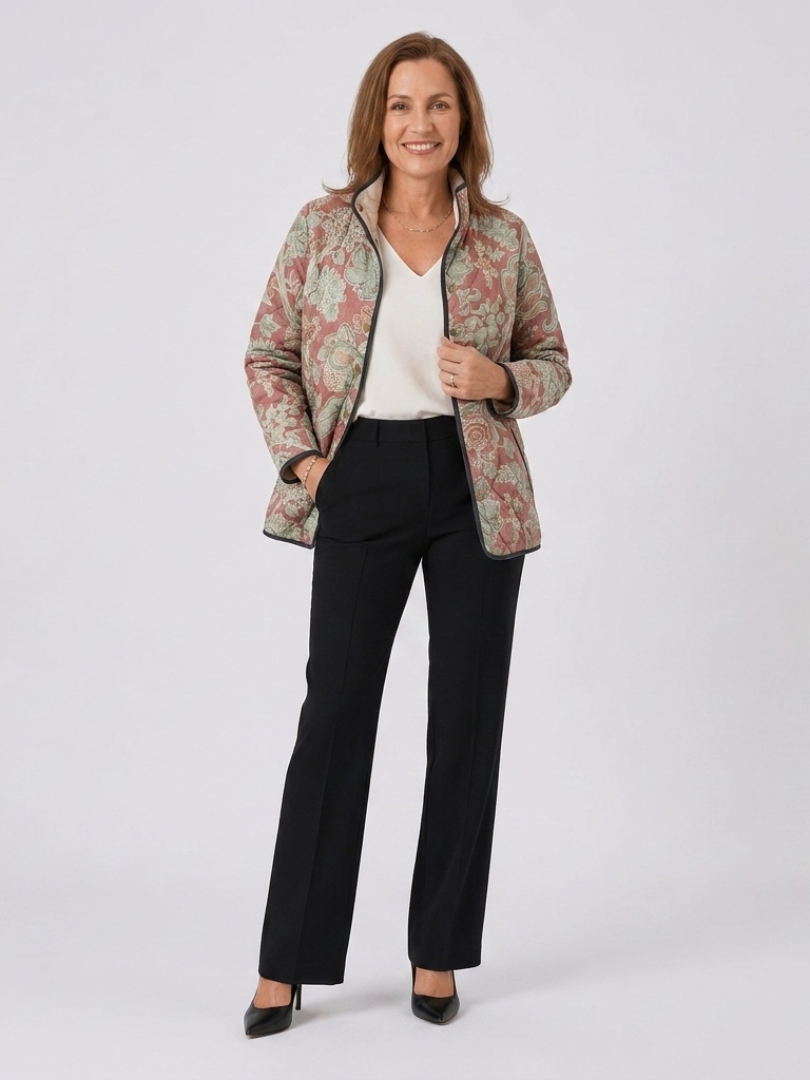 Women's terracotta floral quilted jacket with stand collar and front pockets