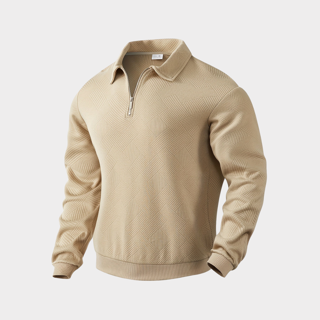 Men's textured half-zip collared jumper with long sleeves and ribbed trims