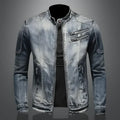 Men's blue denim jacket with mandarin collar, long sleeves and multiple zipped pockets
