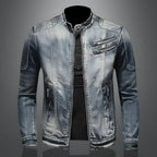 Men's blue denim jacket with mandarin collar, long sleeves and multiple zipped pockets