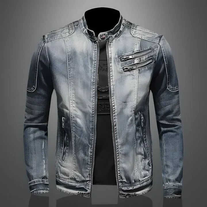 Men's blue denim jacket with mandarin collar, long sleeves and multiple zipped pockets