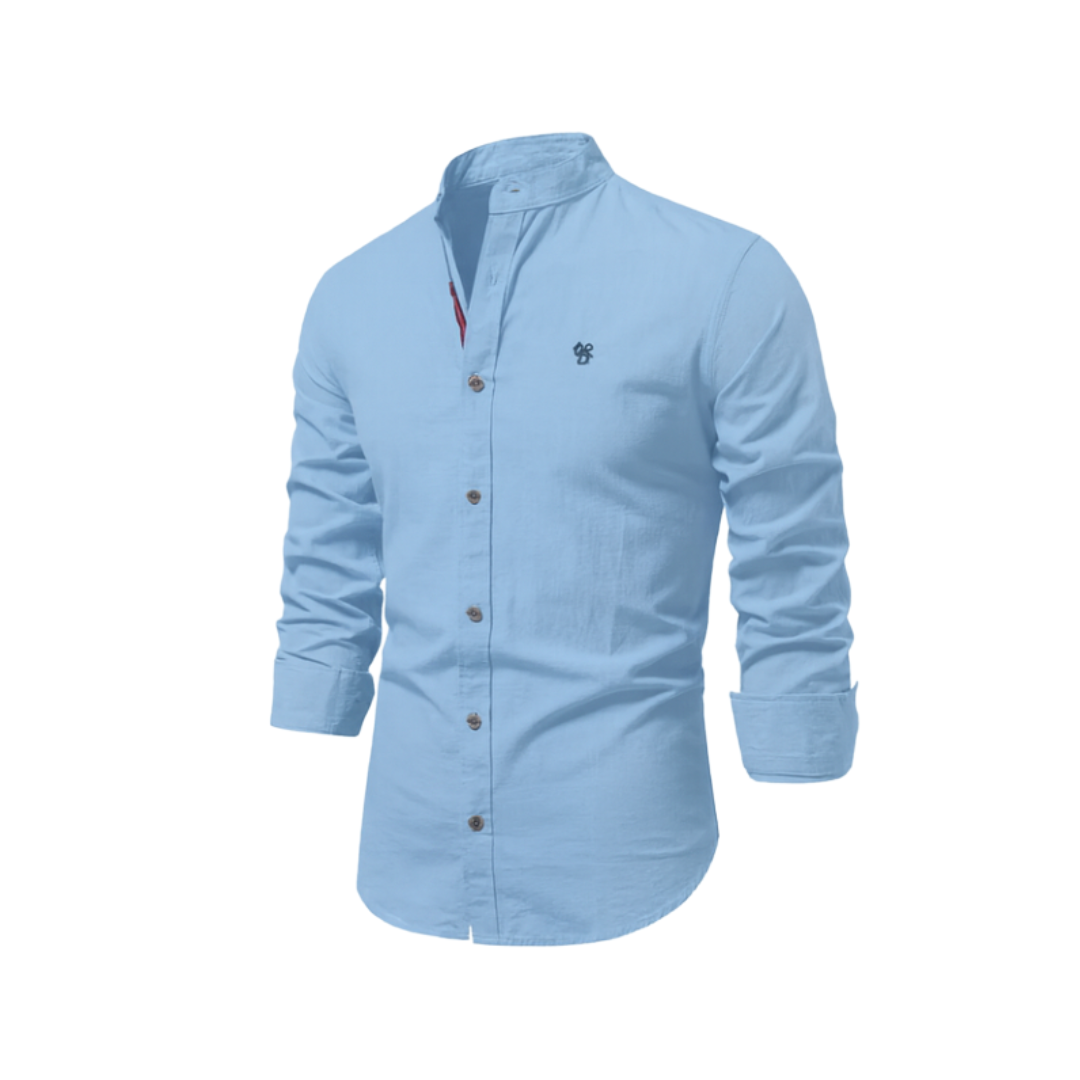 Men's long-sleeve mandarin collar button shirt with curved hem