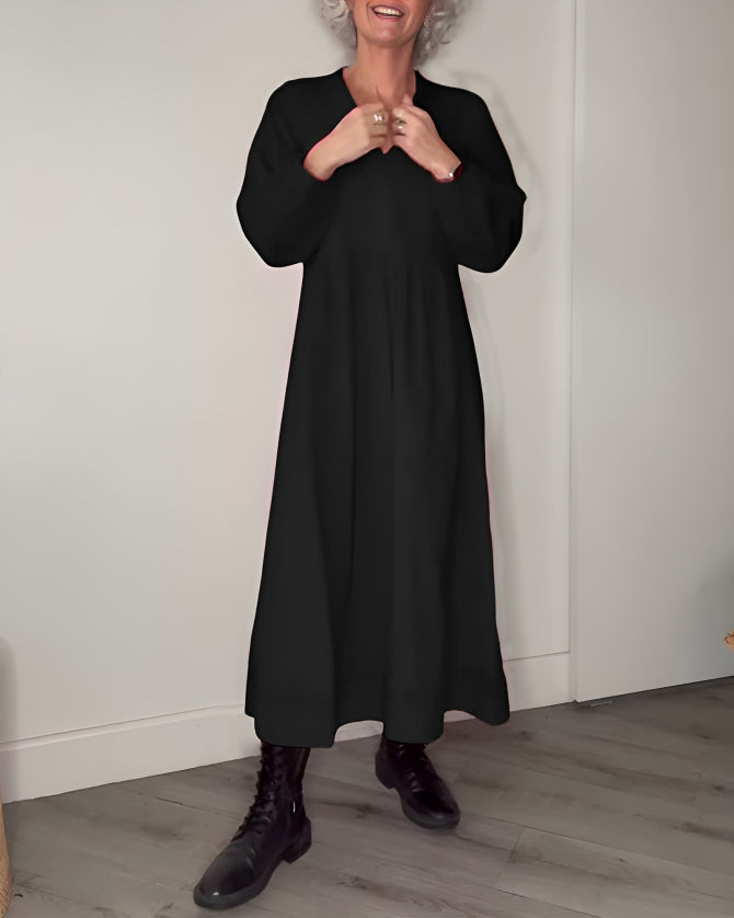 Women's long sleeve plain maxi dress with round neckline and A-line shape