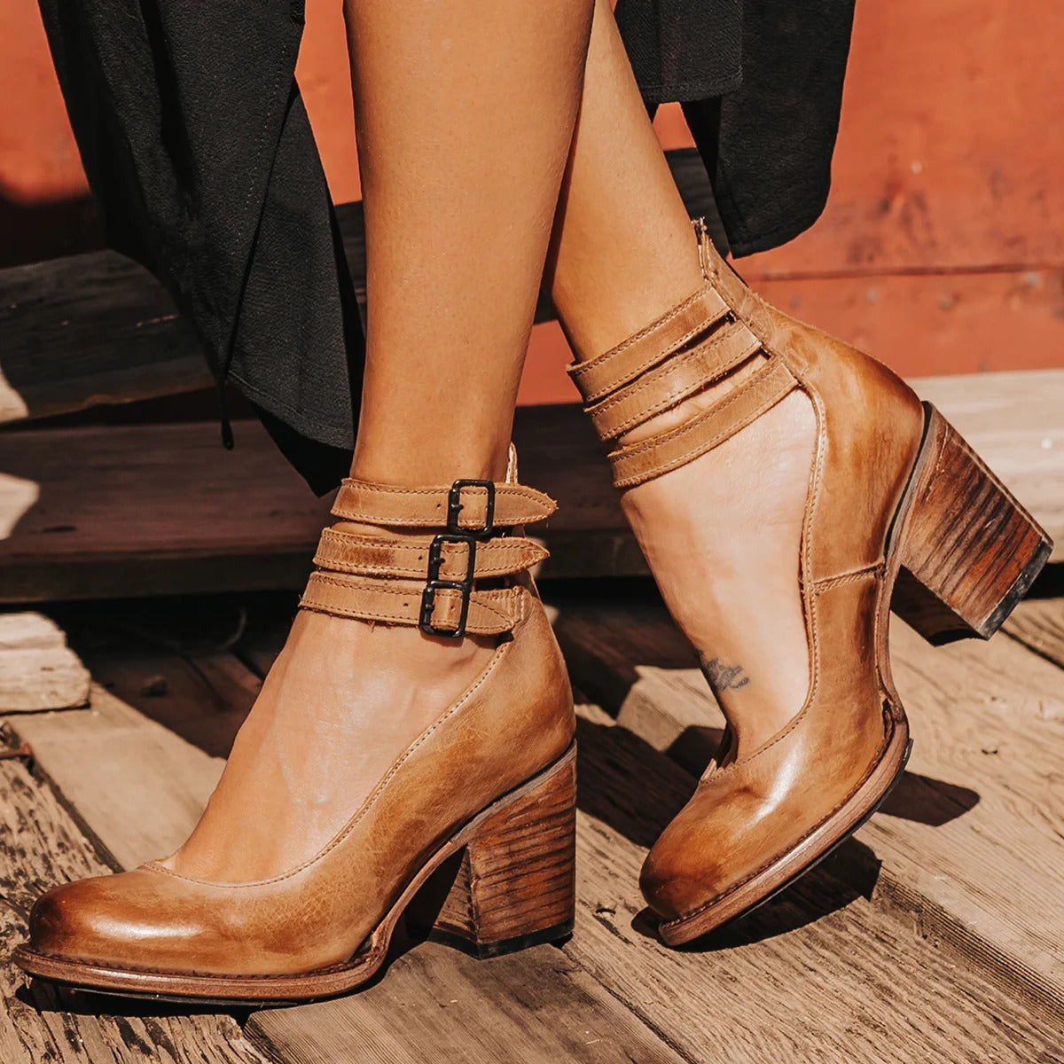 Women's closed-toe block heel shoes with multiple buckle ankle straps