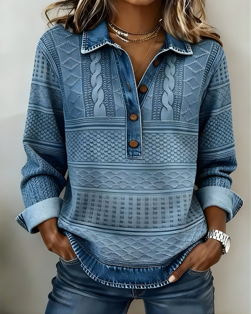 Women's patterned collared sweatshirt with half-button front and long sleeves