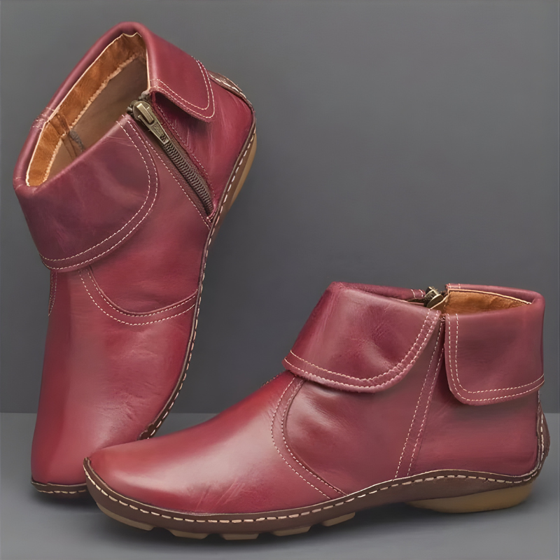 Women's ankle boots with fold-over collars, side zips, rounded toes and low heels