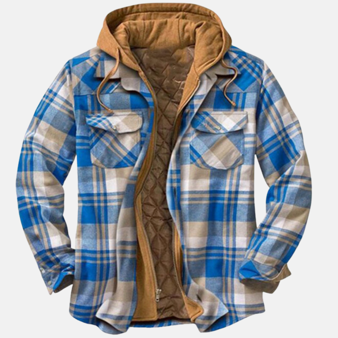 Men's checked hooded jacket with long sleeves, zip front and chest pockets