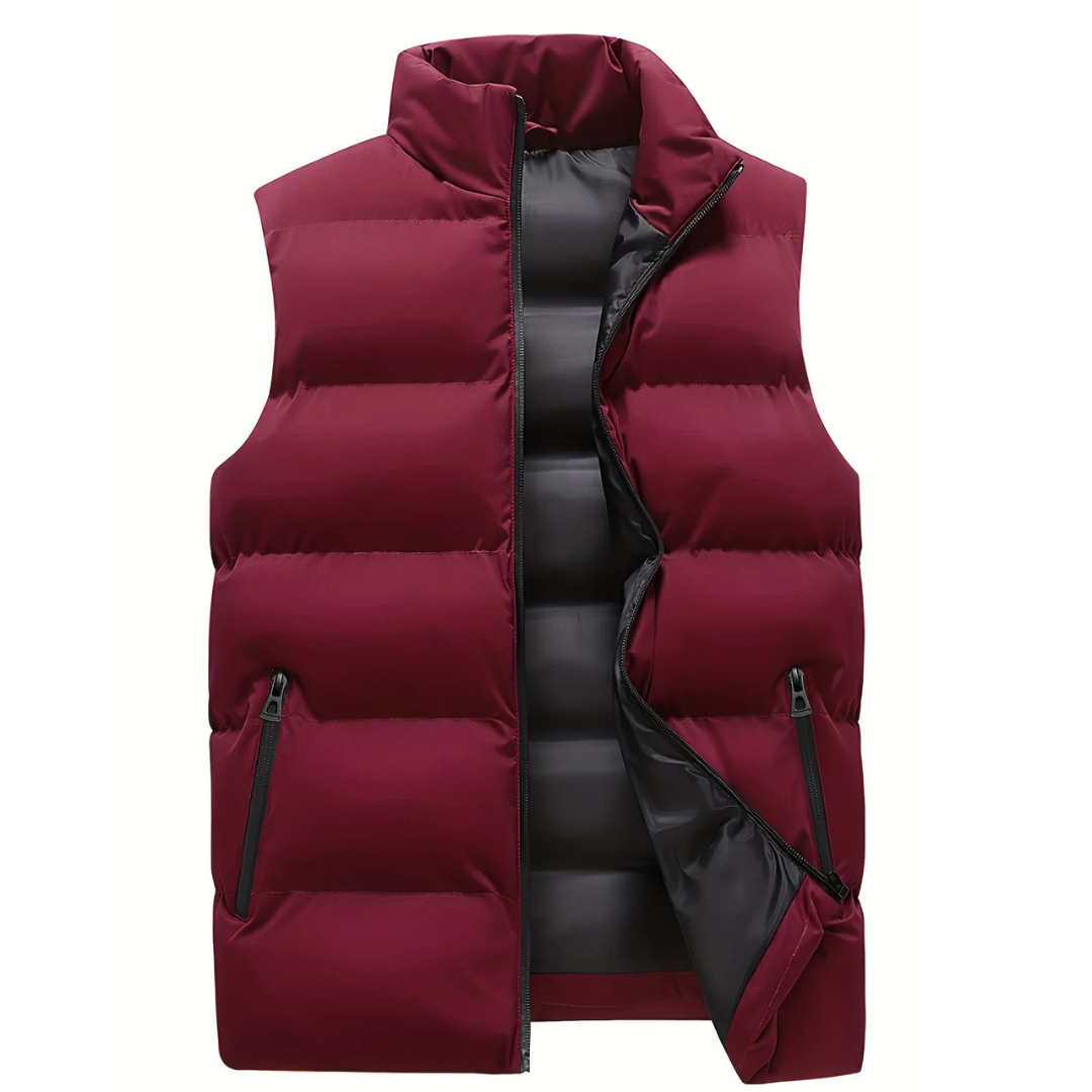 Men's quilted padded gilet with high collar, zip front and zipped pockets