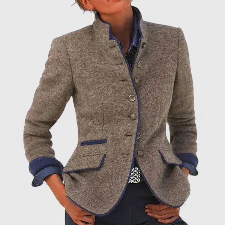 Women's tailored button-front cardigan with stand collar, long sleeves and flap pockets