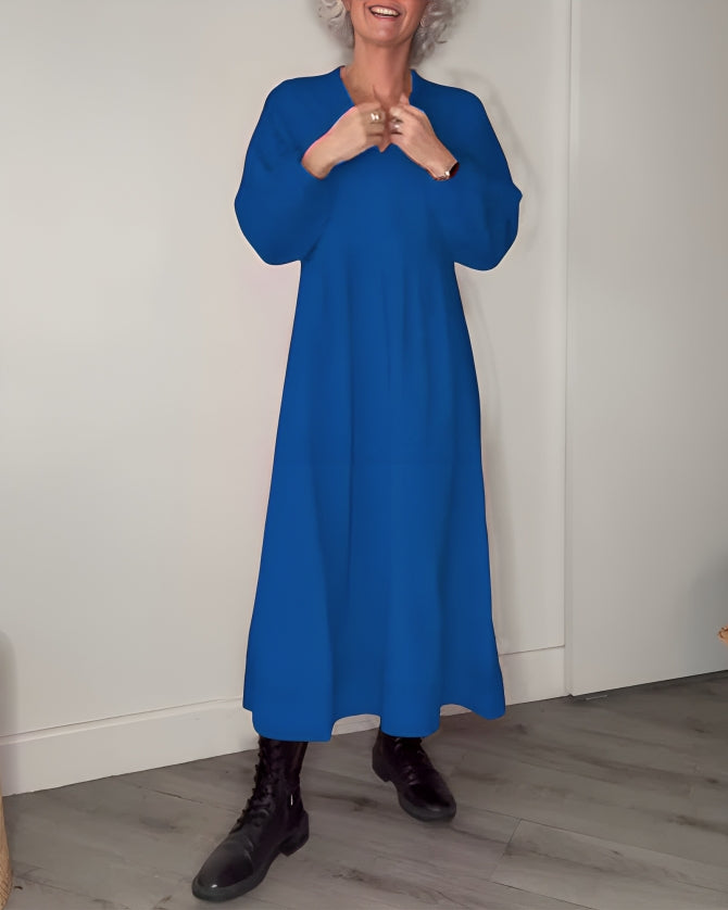 Women's long sleeve plain maxi dress with round neckline and A-line shape