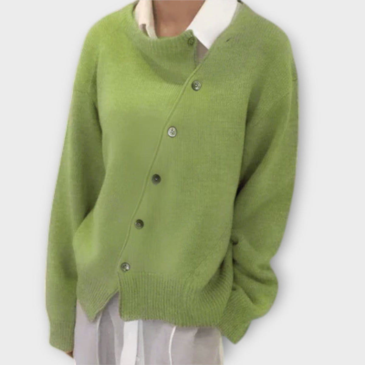Women's asymmetric button cardigan with long sleeves and ribbed trims
