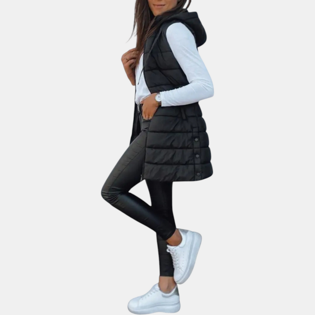 Women's longline hooded puffer gilet with horizontal quilting and zip front