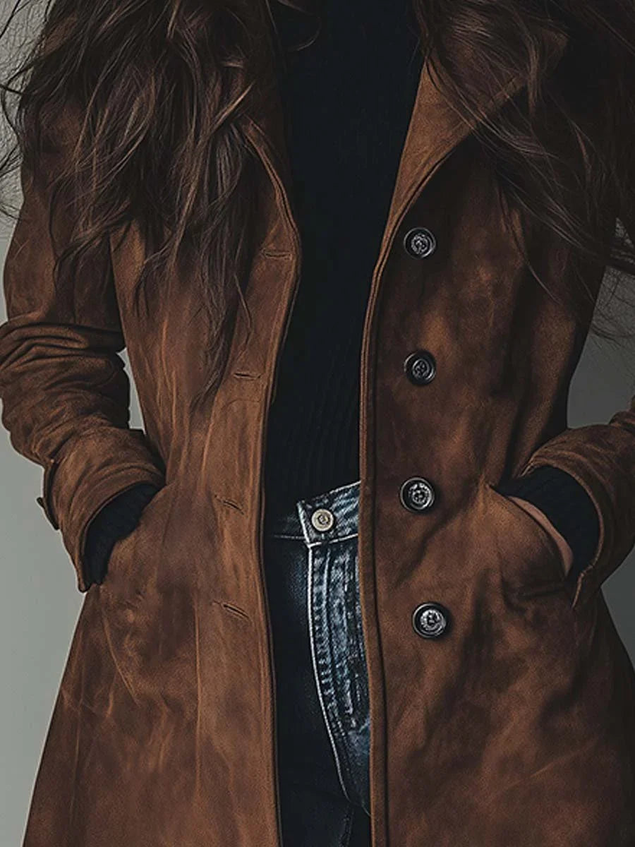 Women's long button-front coat with lapel collar and side pockets