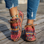 Women's multicoloured geometric patchwork lace-up sneakers with round toes and flat soles