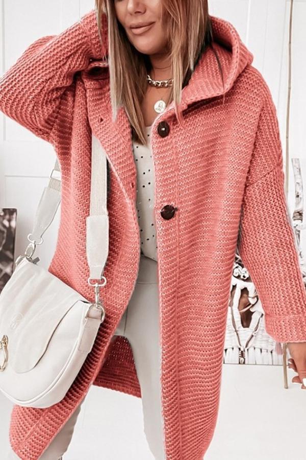 Women's longline hooded cardigan with button front and textured knit finish