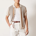 Men's striped knitted polo shirt with short sleeves and button front