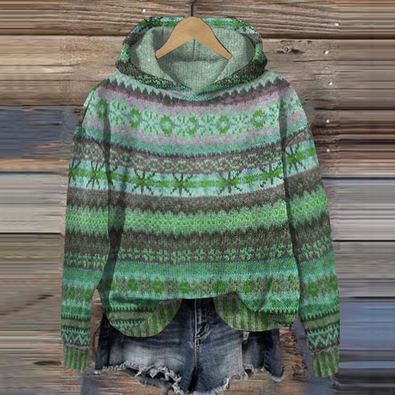 Women's multicoloured patterned hooded jumper with long sleeves and curved hem