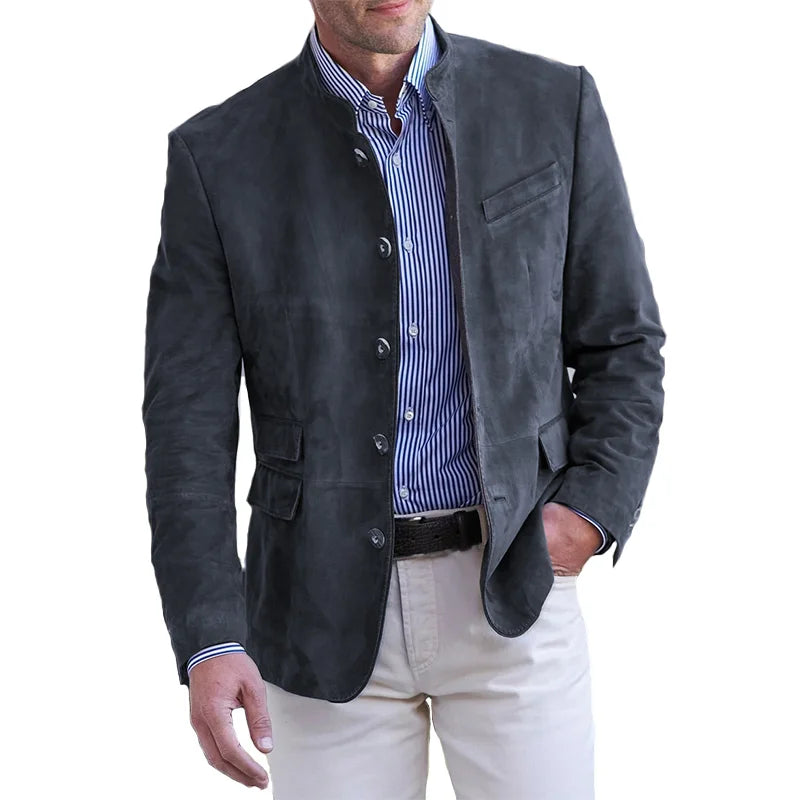Men's mandarin collar blazer with button front and flap pockets