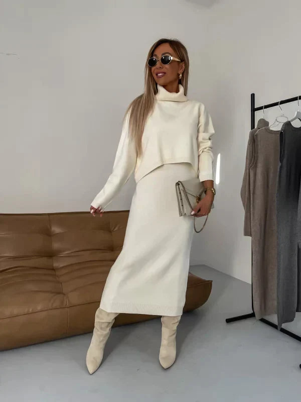 Women's midi dress and turtleneck jumper set with ribbed trims