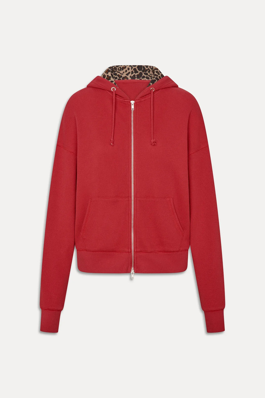 Women's red zip-up hoodie with leopard-lined hood and long sleeves