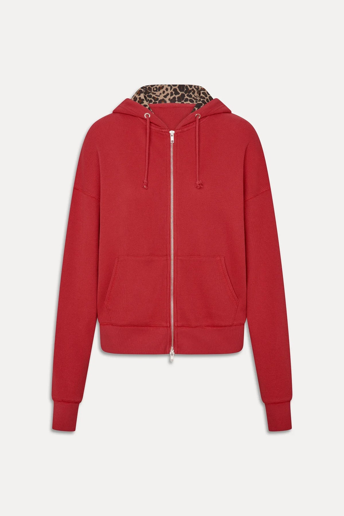 Women's red zip-up hoodie with leopard-lined hood and long sleeves