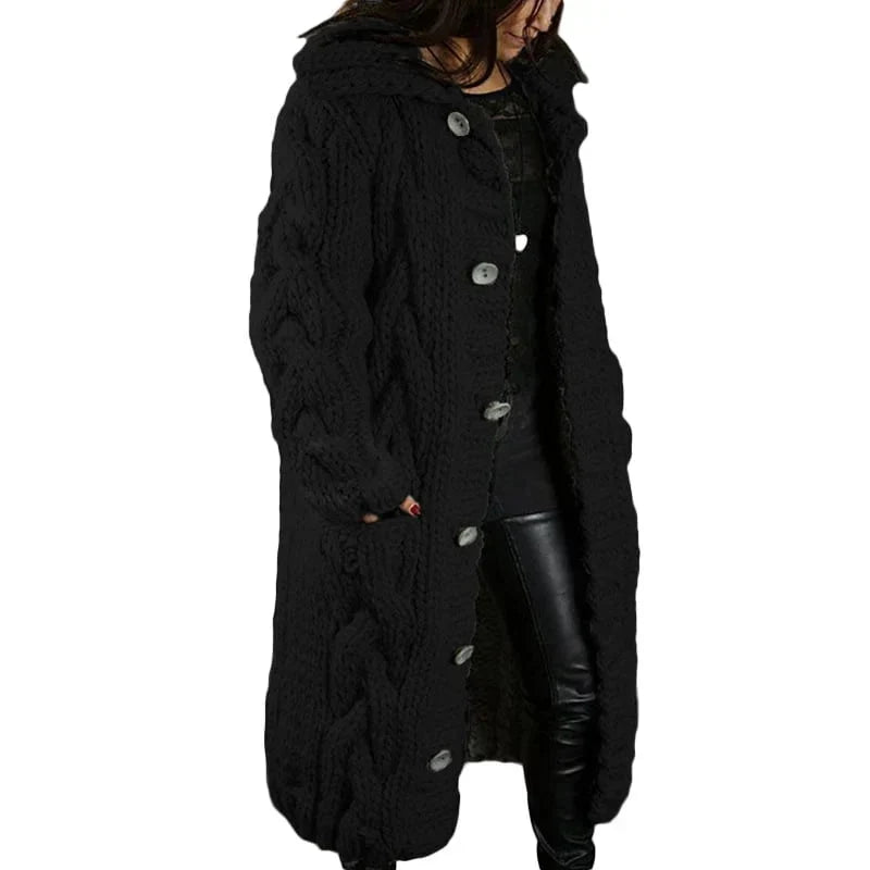 Women's longline cable knit hooded cardigan with button front